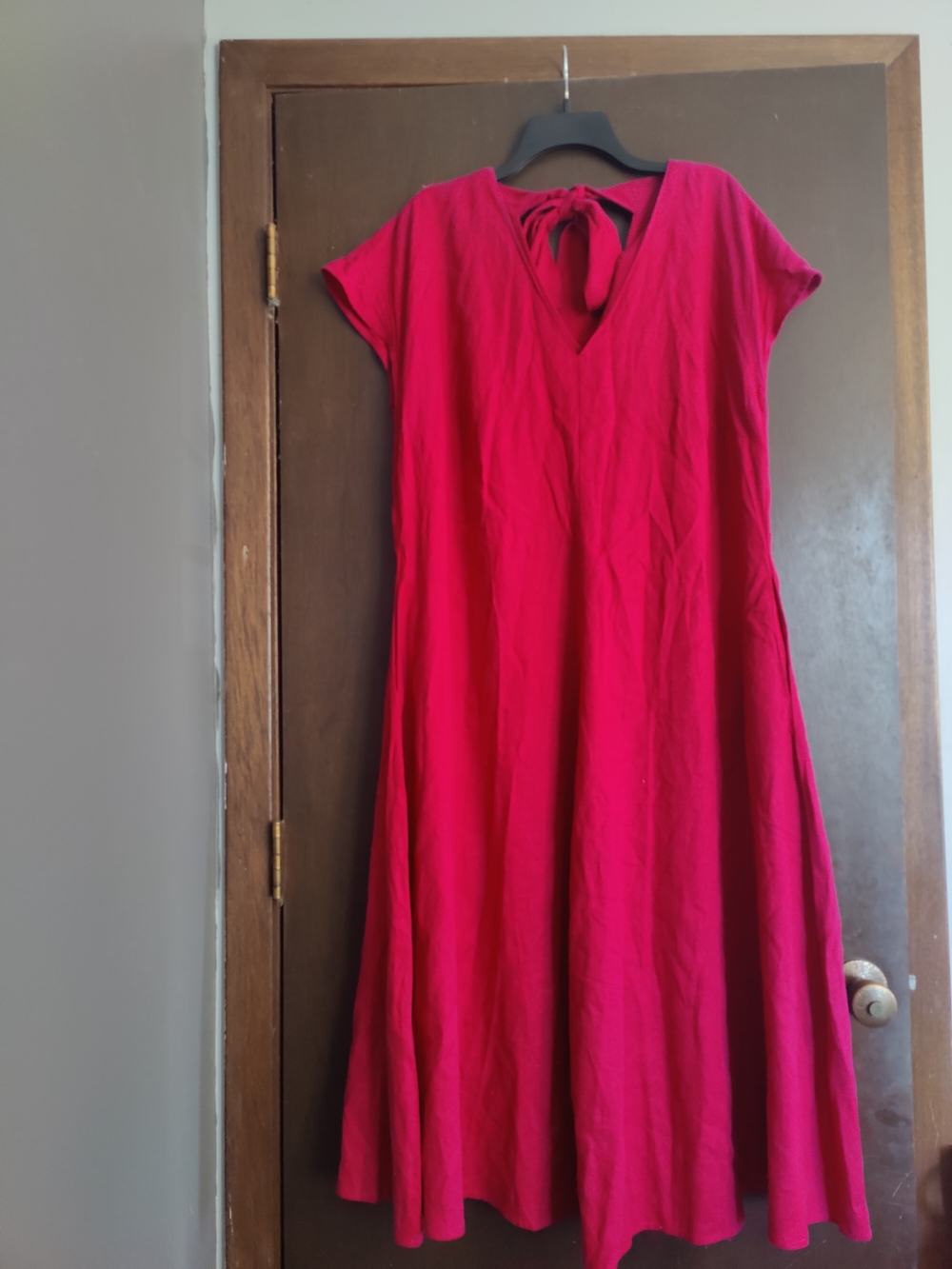 V-Neck Midi Dress in Bright Pink - Picture 3 of 7